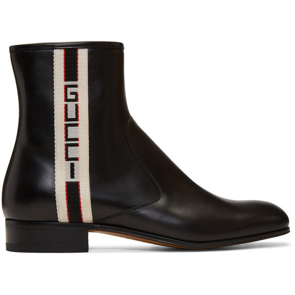 Gucci Mens Bonny Black Leather White Red Web Logo Chelsea Zipper Boots G 8 9 - Picture 1 of 12